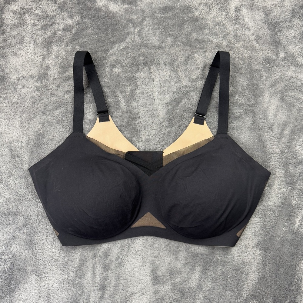 Honeylove Crossover Bra Womens 1X 40C/D Black Beige Wireless Mesh Supportive